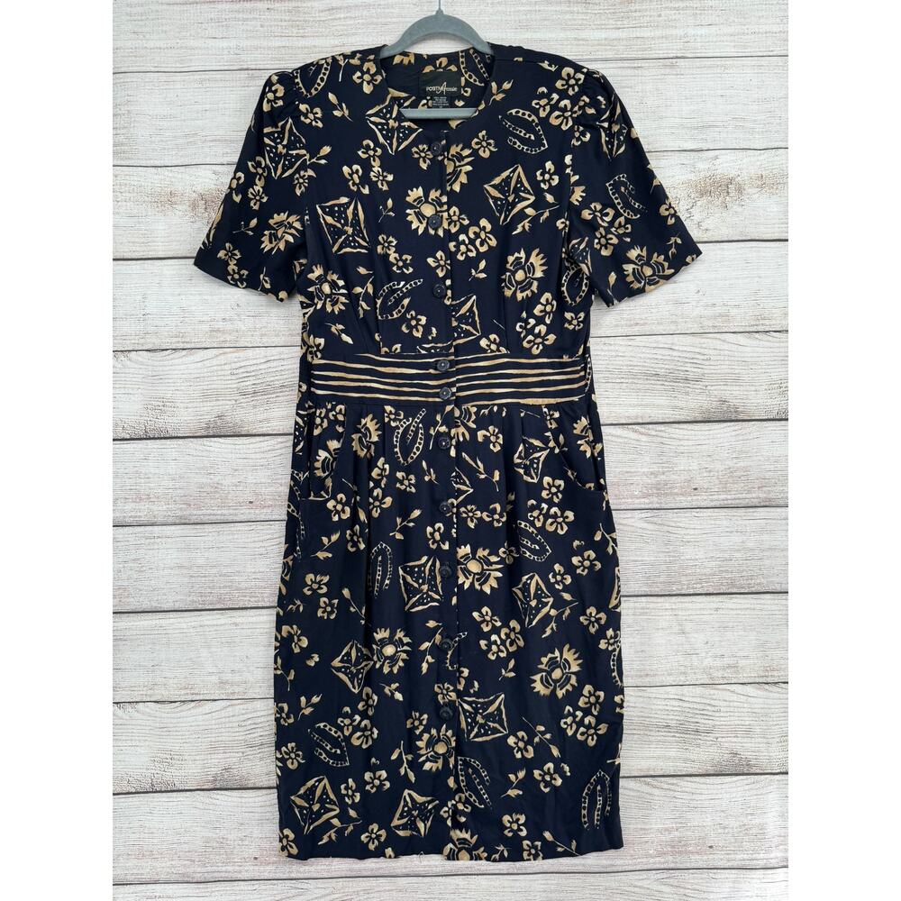 Vintage Positive Attitude Floral‎ Button Down Midi Dress Womens 12 Black Tan